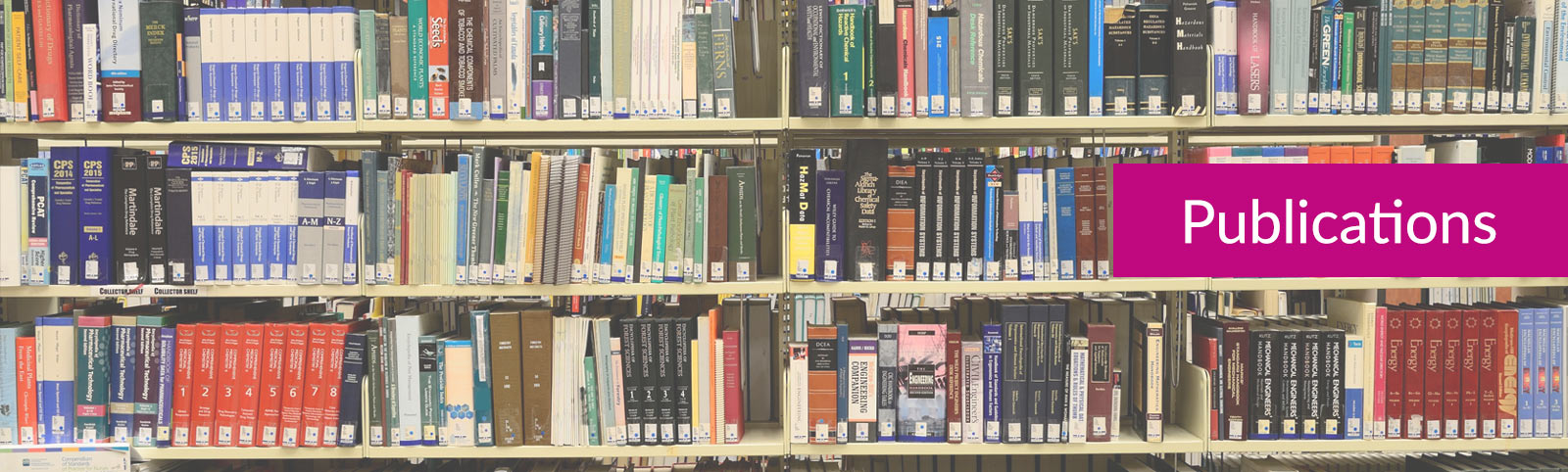 A full bookcase with the word "Publications" as a title